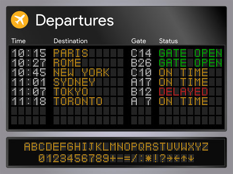 Realistic departures and arrivals board with alphabet. Electronic railroad scoreboard. Digital board template. Airport or railway station display digital panel. Led Font. Vector illustration.