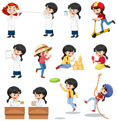 Set of black hair girl in many actions on white background