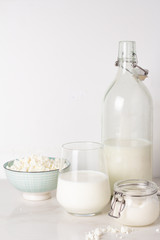 Obraz na płótnie Canvas cottage cheese, milk in a glass and yogurt on a white background