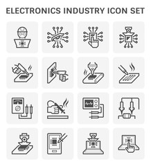 Computer maintenance service, electronics repair and assembly vector icon. Include engineer or technician, microchip, multimeter, gun and laptop. To electrical measurement, circuit board soldering.