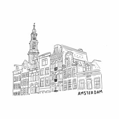 Fototapeta premium Amsterdam The Netherlands Illustration of Canal Houses and Westerkerk