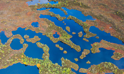 Aerial view over peat-bog landscape with the complex lake and  pool ridge patterns. Estonia is 2nd most boggy country in Europe. Peatlands are important as pool of biodiversity and CO2 deposit.