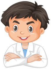 Boy wearing lab gown on white background