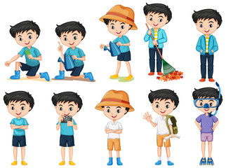 Set of happy boy doing different activities on isolated background