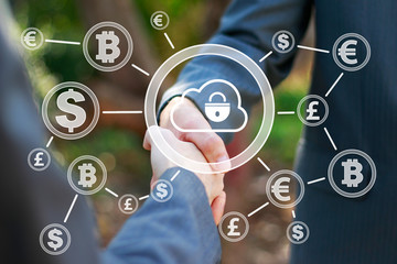 Business partnership handshake concept. Photo two coworkers handshaking process on the background of cloud, lock and protection. Conclusion of a work contract.