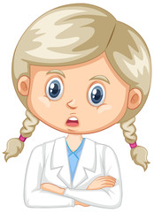 Girl wearing lab gown on white background