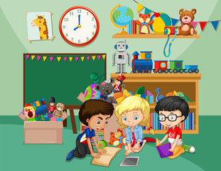 Scene with three kids reading books in the classroom