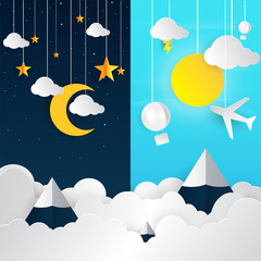 day and night landscape with paper art style illustration.