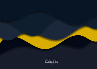 Black and yellow paper cut shapes background with wavy layers. vector illustration. 