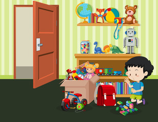 Scene with boy playing toys in the room