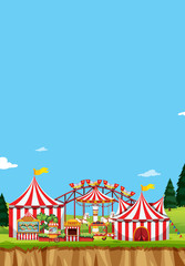 Circus scene with tents and many rides