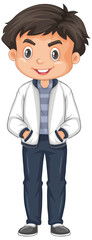 Cute boy in white jacket on white background