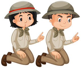 Boy and girl in safari outfit on white background