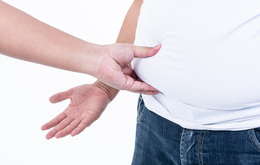 The people use their hands to grind the belly fat of their friends On white background, concept to health care and obesity