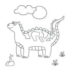 Cute dinosaur. Dino. Vector illustration in doodle and cartoon style for coloring books and prints. Hand drawn. Black and white