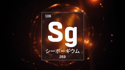 3D illustration of Seaborgium as Element 106 of the Periodic Table. Orange illuminated atom design background with orbiting electrons name atomic weight element number in Japanese language