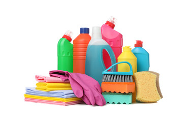 Bottles with detergent and cleaning supplies isolated on white background