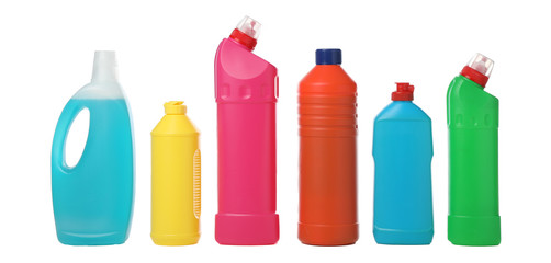 Set of bottles with detergent isolated on white background