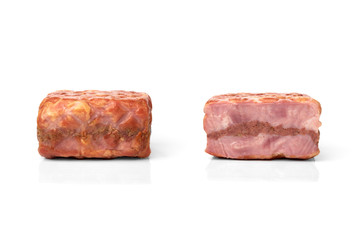 Smoked meatloaf isolated on white background.