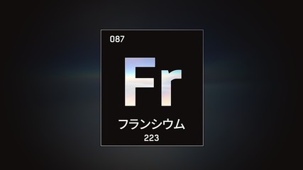 3D illustration of Francium as Element 87 of the Periodic Table. Grey illuminated atom design background with orbiting electrons name atomic weight element number in Japanese language