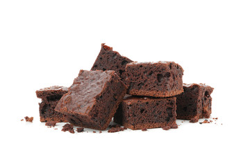 Heap of delicious chocolate cake slices isolated on white background