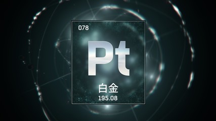 3D illustration of Platinum as Element 78 of the Periodic Table. Green illuminated atom design background with orbiting electrons name atomic weight element number in Japanese language