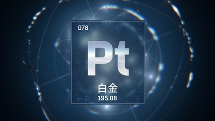 3D illustration of Platinum as Element 78 of the Periodic Table. Blue illuminated atom design background with orbiting electrons name atomic weight element number in Japanese language