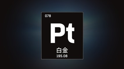 3D illustration of Platinum as Element 78 of the Periodic Table. Grey illuminated atom design background with orbiting electrons name atomic weight element number in Japanese language