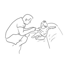 father cuts her nails to his little daughter on sofa vector illustration sketch doodle hand drawn