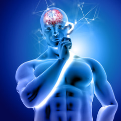 3D render of  a human figure thinking with brain highlighted