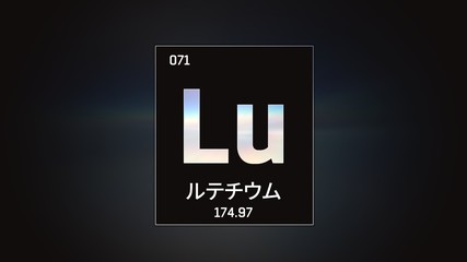 3D illustration of Lutetium as Element 71 of the Periodic Table. Grey illuminated atom design background with orbiting electrons name atomic weight element number in Japanese language