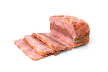 Smoked meatloaf isolated on white background.