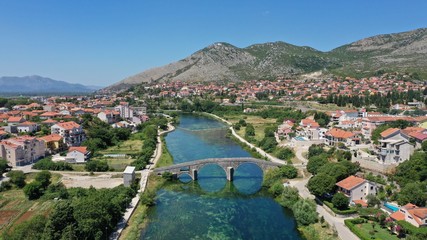 Aerial view of Arslanagic`s bridge on Trebisnjica river in Trebinje Old Town. Bosnia and...