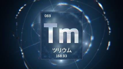 3D illustration of Thulium as Element 69 of the Periodic Table. Blue illuminated atom design background with orbiting electrons name atomic weight element number in Japanese language