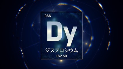 3D illustration of Dysprosium as Element 66 of the Periodic Table. Blue illuminated atom design background with orbiting electrons name atomic weight element number in Japanese language