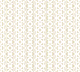 Golden lines texture. Vector geometric seamless pattern with delicate grid, lattice, net, thin diagonal lines, hexagons, rhombuses, triangles. Abstract graphic background. Trendy repeatable design