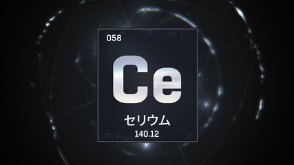 3D illustration of Cerium as Element 58 of the Periodic Table. Silver illuminated atom design background orbiting electrons name, atomic weight element number in Japanese language