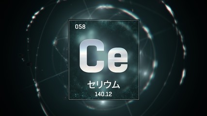 3D illustration of Cerium as Element 58 of the Periodic Table. Green illuminated atom design background orbiting electrons name, atomic weight element number in Japanese language