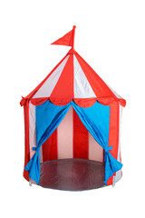 open children white and red striped circus tent with flag on top for kids games isolated on white background © Andrey