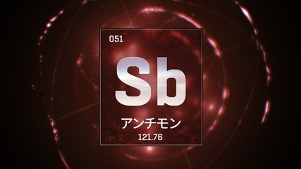 3D illustration of Antimony as Element 51 of the Periodic Table. Red illuminated atom design background orbiting electrons name, atomic weight element number in Japanese language