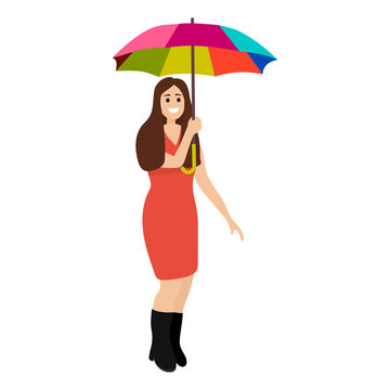 Cartoon woman with rainbow umbrella in a good mood isolated on white