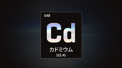 3D illustration of Cadmium as Element 48 of the Periodic Table. Grey illuminated atom design background orbiting electrons name, atomic weight element number in Japanese language