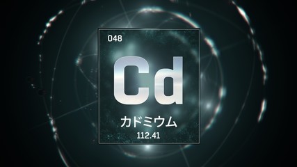 3D illustration of Cadmium as Element 48 of the Periodic Table. Green illuminated atom design background orbiting electrons name, atomic weight element number in Japanese language