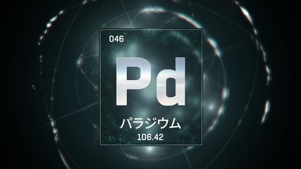 3D illustration of Palladium as Element 46 of the Periodic Table. Green illuminated atom design background orbiting electrons name, atomic weight element number in Japanese language