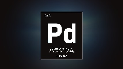 3D illustration of Palladium as Element 46 of the Periodic Table. Grey illuminated atom design background orbiting electrons name, atomic weight element number in Japanese language