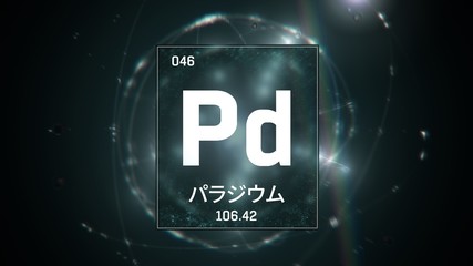 3D illustration of Palladium as Element 46 of the Periodic Table. Green illuminated atom design background orbiting electrons name, atomic weight element number in Japanese language