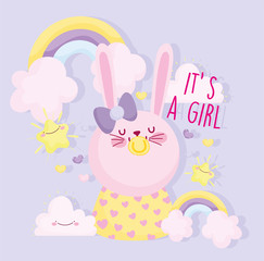 boy or girl, gender reveal its a girl cute rabbit with pacifier rainbow decoration card