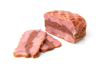 Smoked meatloaf isolated on white background.