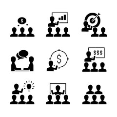 Business training black icons on white background. Icons of presentation, traininfg group, people teaching and achieving the goal and make profit.