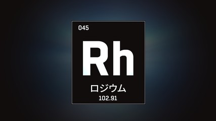 3D illustration of Rhodium as Element 45 of the Periodic Table. Grey illuminated atom design background orbiting electrons name, atomic weight element number in Japanese language